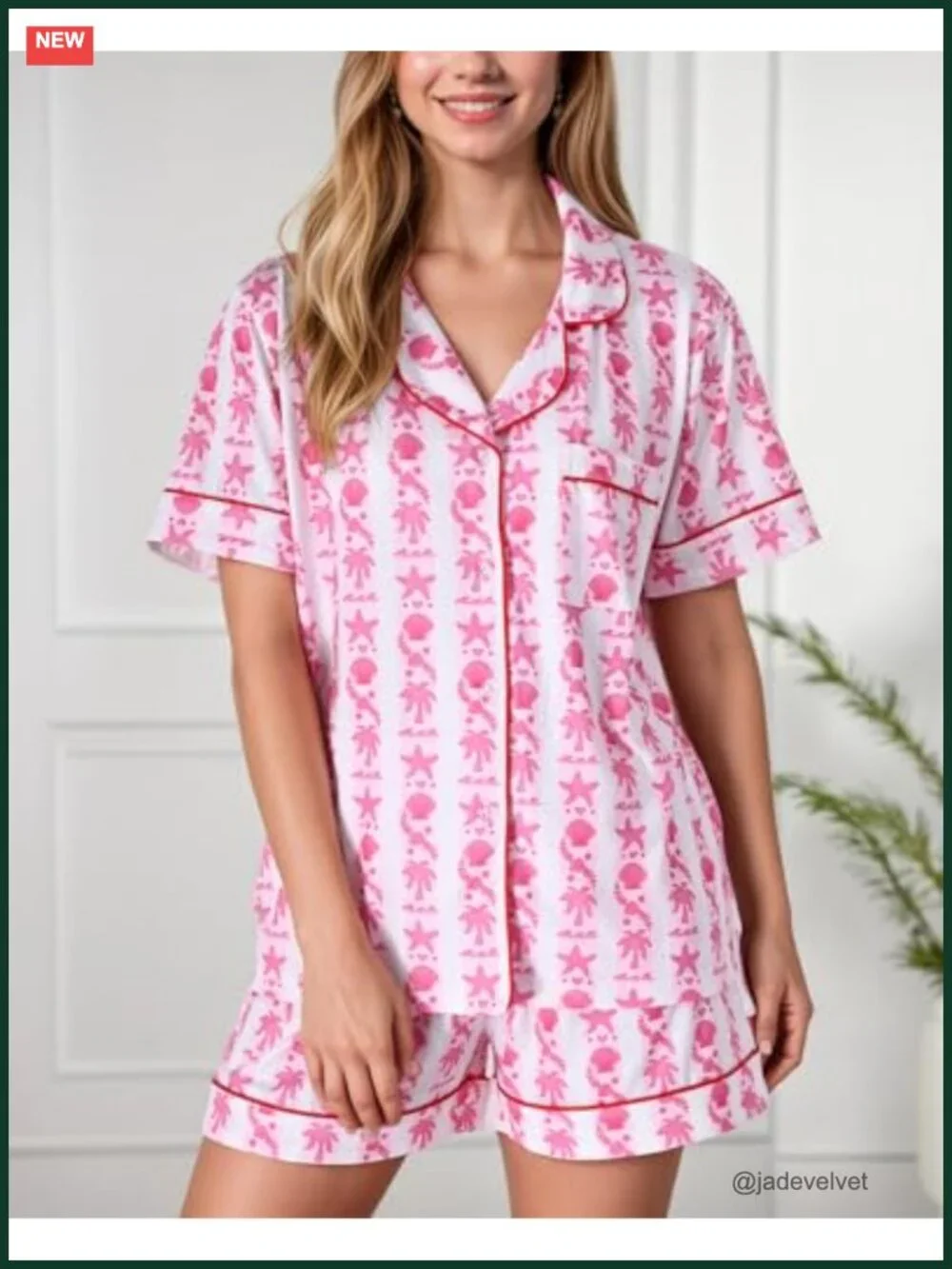 Women's Pajama Set with Palm Print Short Sleeve Top & Shorts Summer Sleepwear
